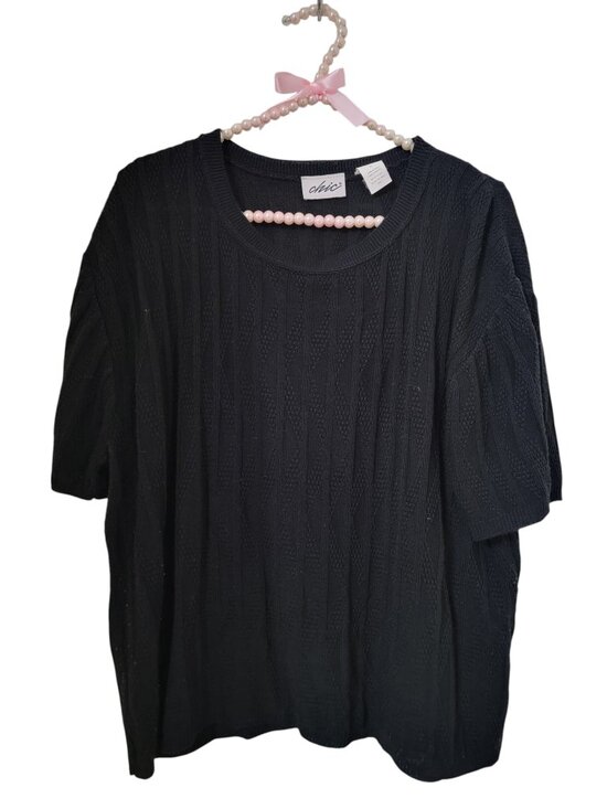 Chic Sweaters - Chic Size 3X Black Short Sleeve Sweater with Ribbed/Textured Knit Pattern